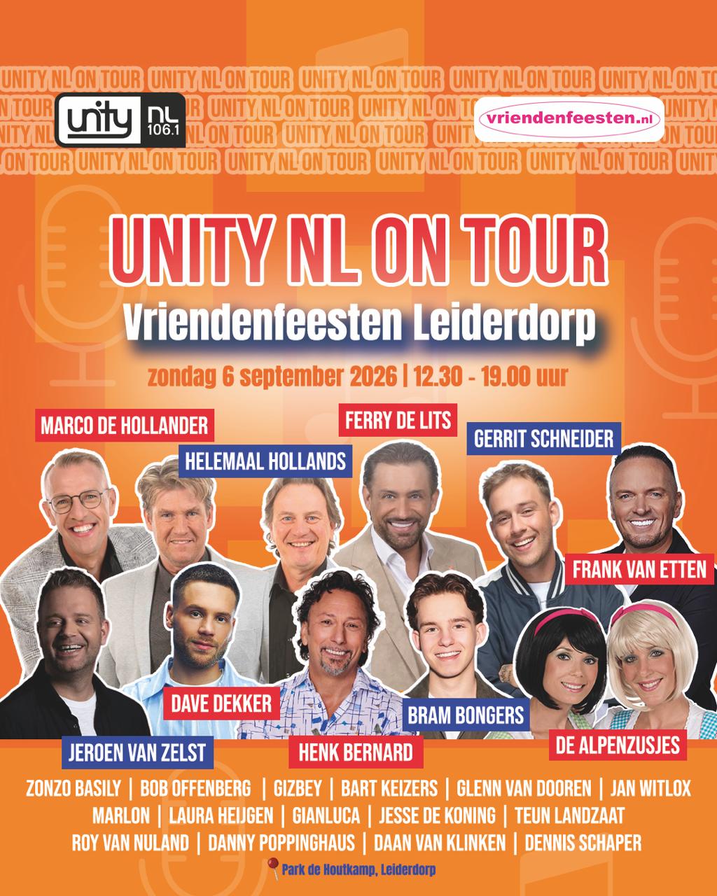 Unity NL on Tour op zondag 6 september in Park de Houtkamp in Leiderdorp met 25 Nederlandstalige artiesten, de toegang is gratis.
